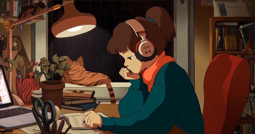 cartoon character listening to lo-fi music in her room